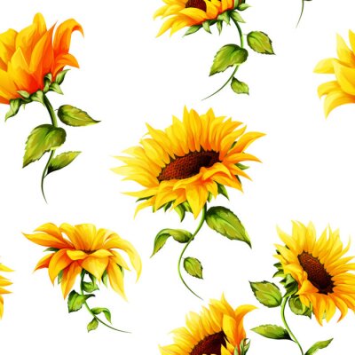 Behang Naadloos patroon van zonnebloemen op wit. Hand getekend. Waterverf. Vector - voorraad