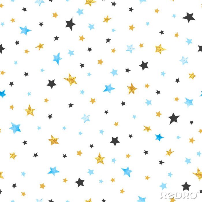 Behang Naadloos sterrenpatroon. Vector viering achtergrond in blauwe, zwarte en gouden kleuren.