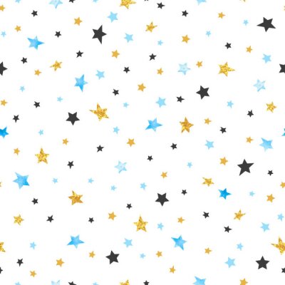Sticker Naadloos sterrenpatroon. Vector viering achtergrond in blauwe, zwarte en gouden kleuren.