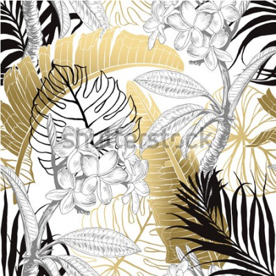 Behang Naadloos tropisch patroon. Bladeren palm tree illustratie. Moderne grafische vormgeving.