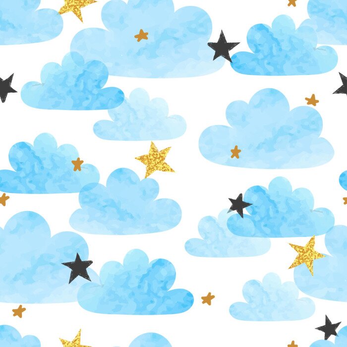Behang Naadloos vector blauw waterverfwolken en sterrenpatroon.