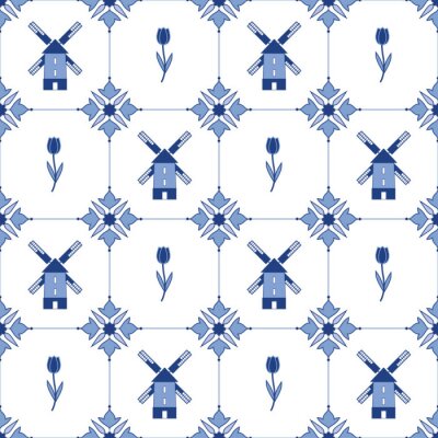 Behang Naadloos vector delftware patroon met tulpen en molens