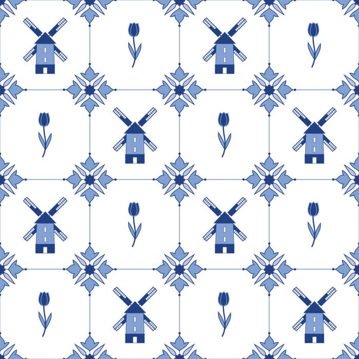 Behang Naadloos vector delftware patroon met tulpen en molens