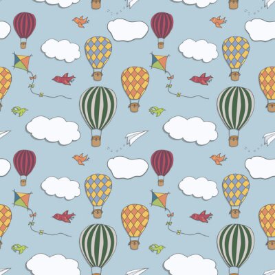 Naadloos vectorpatroon, hand getrokken hete lucht baloons die in de blauwe hemel, patroon voor achtergronden, verpakkend document, stoffen en andere ontwerpen vliegen