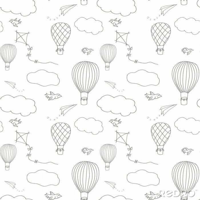 Behang Naadloos vectorpatroon, hand getrokken hete lucht baloons die in de blauwe hemel, patroon voor achtergronden, verpakkend document, stoffen en andere ontwerpen vliegen