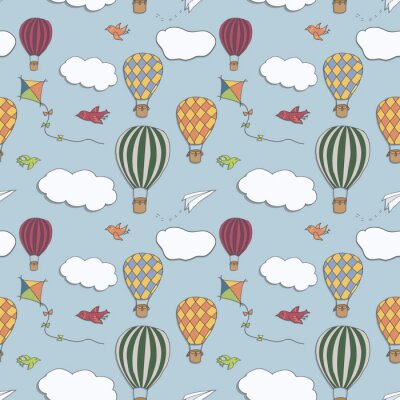 Behang Naadloos vectorpatroon, hand getrokken hete lucht baloons die in de blauwe hemel, patroon voor achtergronden, verpakkend document, stoffen en andere ontwerpen vliegen