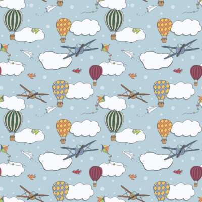 Behang Naadloos vectorpatroon, hand getrokken hete lucht baloons die in de blauwe hemel, patroon voor achtergronden, verpakkend document, stoffen en andere ontwerpen vliegen