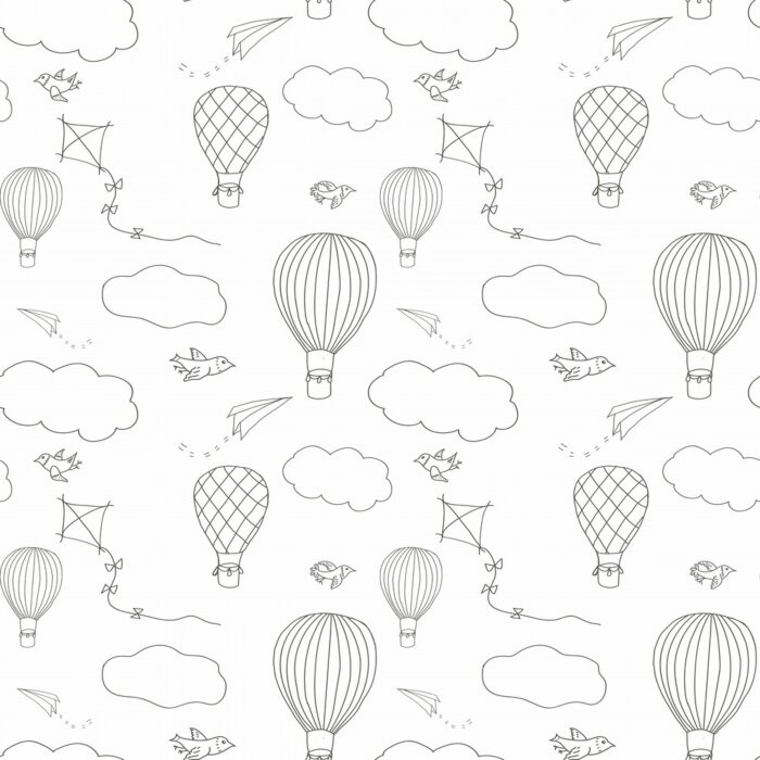 Behang Naadloos vectorpatroon, hand getrokken hete lucht baloons die in de blauwe hemel, patroon voor achtergronden, verpakkend document, stoffen en andere ontwerpen vliegen