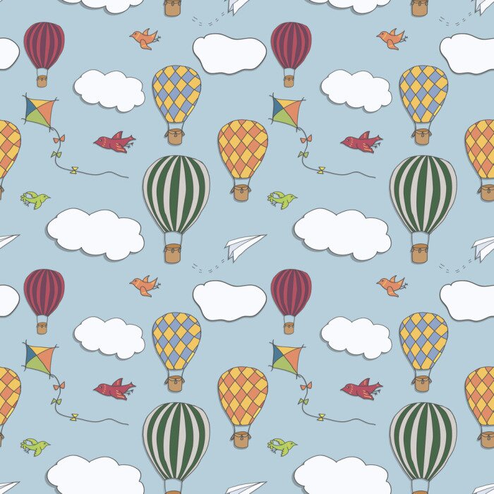 Behang Naadloos vectorpatroon, hand getrokken hete lucht baloons die in de blauwe hemel, patroon voor achtergronden, verpakkend document, stoffen en andere ontwerpen vliegen