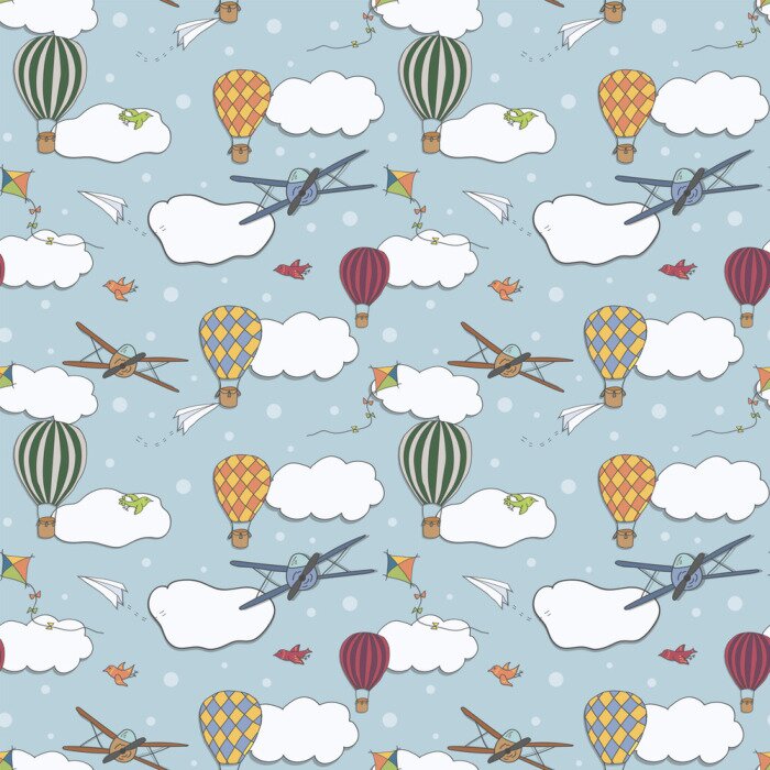 Behang Naadloos vectorpatroon, hand getrokken hete lucht baloons die in de blauwe hemel, patroon voor achtergronden, verpakkend document, stoffen en andere ontwerpen vliegen