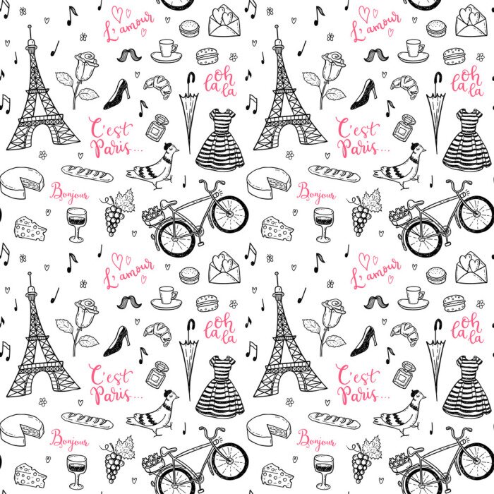Behang Naadloos vectorpatroon met hand getrokken de symbolenkrabbels van Parijs, Frankrijk.