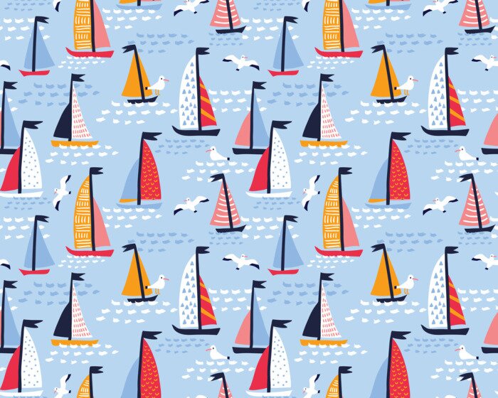 Behang Naadloos vectorpatroon met hand getrokken varende jachten en zeemeeuwen. Zomer lichte achtergrond voor stof ontwerp.