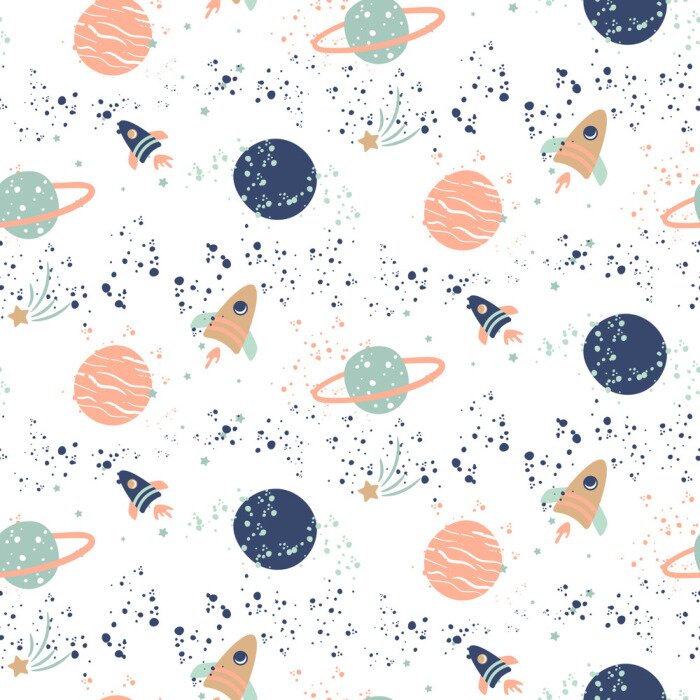 Behang Naadloos vectorpatroon met planeten en spaceships.