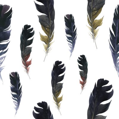 Behang Naadloos wild patroon. Achtergrond met veren op witte achtergrond. Natuurlijk aquarel patroon. Boho stijl.