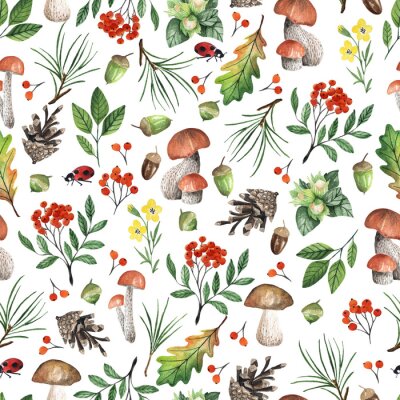 Behang Naadloos wit patroon met champignons, noten, bladeren, eikels. Waterverf handgetekend