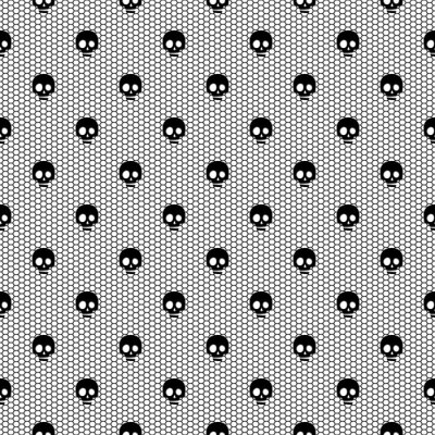 Behang Naadloos zwart kant patroon met schedels op een witte achtergrond.