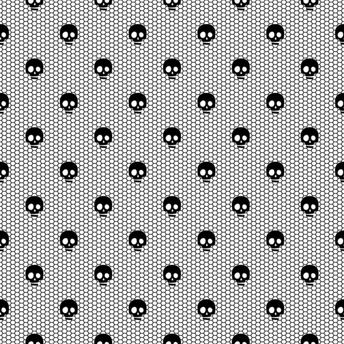 Behang Naadloos zwart kant patroon met schedels op een witte achtergrond.