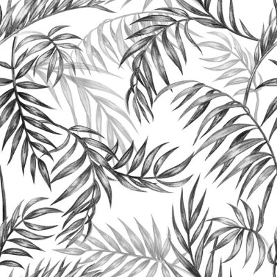 Behang Naadloos zwart-wit patroon van palmbladen, tropische achtergrond, handtekening