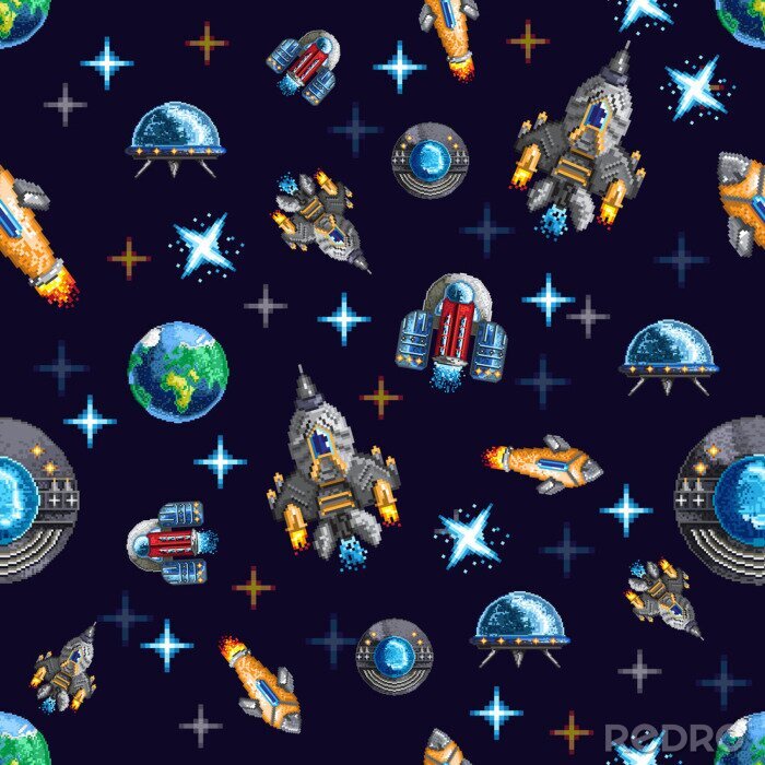 Behang Naadloze achtergrond met pixel vliegende ruimteraketten en schip onder planeten
