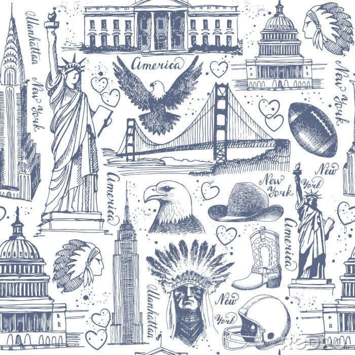 Behang Naadloze achtergrond met schetsen van symbolen van de VS