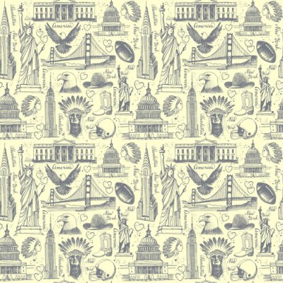 Behang Naadloze achtergrond met schetsen van symbolen van de VS