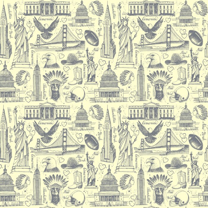 Behang Naadloze achtergrond met schetsen van symbolen van de VS