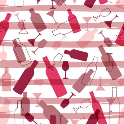 Behang Naadloze achtergrond met wijnflessen en glazen. Helder kleurenpatroon voor Web, affiche, textiel, druk ander ontwerp