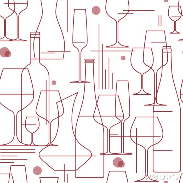 Behang Naadloze achtergrond met wijnglazen en flessen. Ontwerpelement voor het proeven, menu, wijnkaart, wijnmakerij, winkel. Lijnstijl. Vector illustratie.