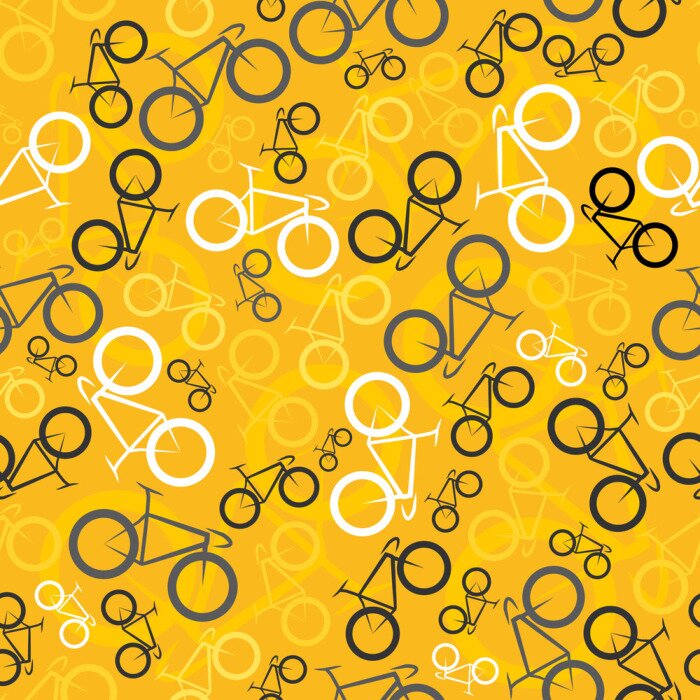 Behang Naadloze achtergrond patroon met racefietsen. Witte en zwarte fietsen op gele achtergrond. Vector.