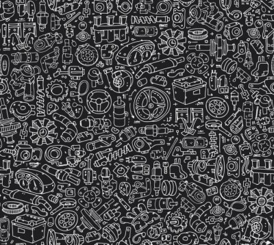 Behang Naadloze auto-onderdelen patroon van Tegels. Hand getrokken contour gegevens geïsoleerd beeld op de witte achtergrond.
