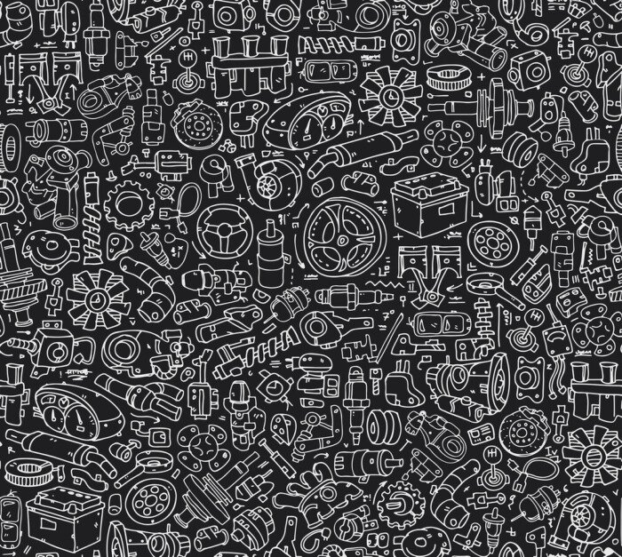 Behang Naadloze auto-onderdelen patroon van Tegels. Hand getrokken contour gegevens geïsoleerd beeld op de witte achtergrond.