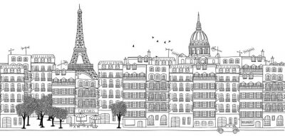 Naadloze banner van de skyline van Parijs, getrokken hand zwart-witte illustratie