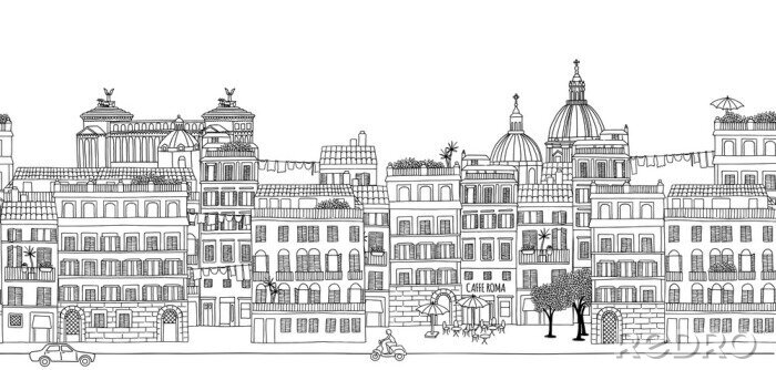 Behang Naadloze banner van de skyline van Rome, getrokken hand zwart-witte illustratie