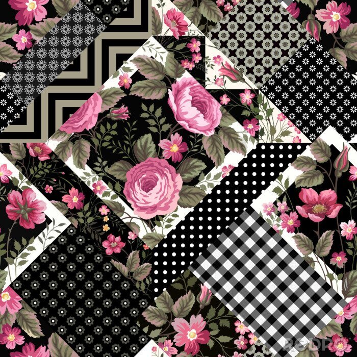 Behang naadloze bloemen patchwork patroon met roze rozen en geometrische