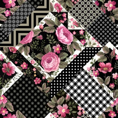 Behang naadloze bloemen patchwork patroon met roze rozen en geometrische