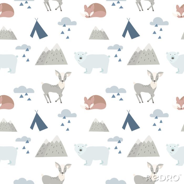 Behang Naadloze bosdieren achtergrond met schattige herten, beer en vos. Cartoon stijl.