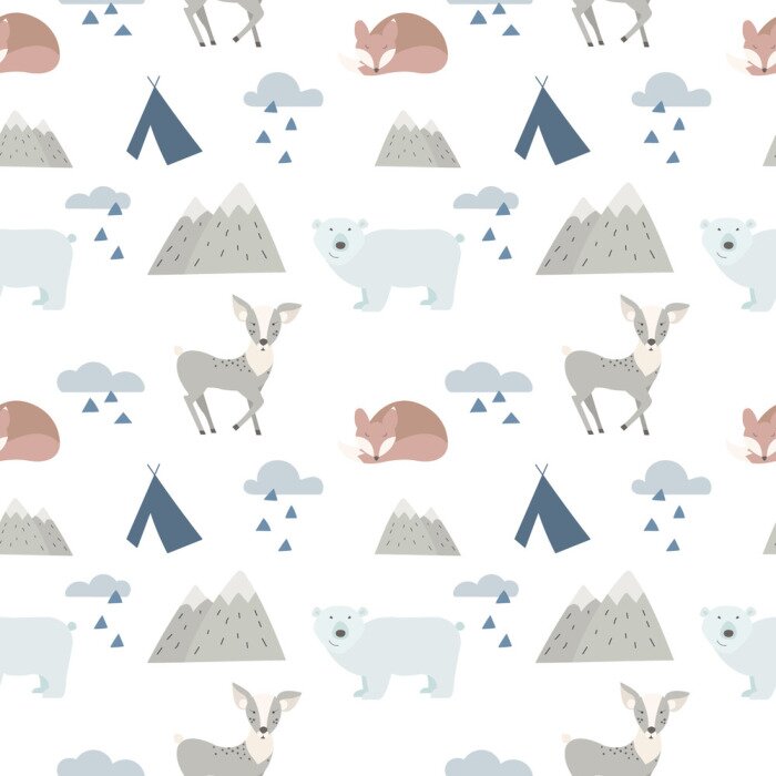 Behang Naadloze bosdieren achtergrond met schattige herten, beer en vos. Cartoon stijl.