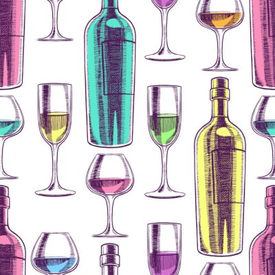 Behang naadloze flessen wijn en glazen
