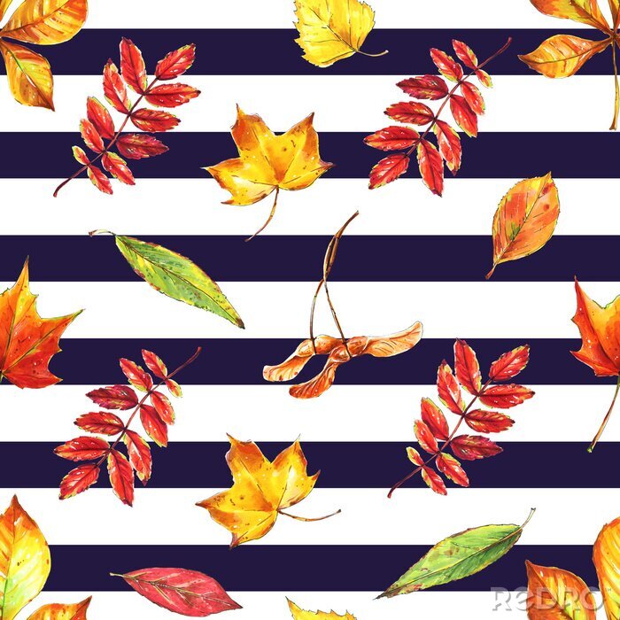 Behang Naadloze heldere herfstbladeren op gestreepte achtergrond