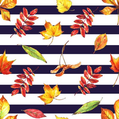 Behang Naadloze heldere herfstbladeren op gestreepte achtergrond