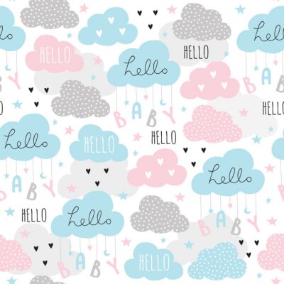 Behang naadloze hello baby wolken patroon vectorillustratie
