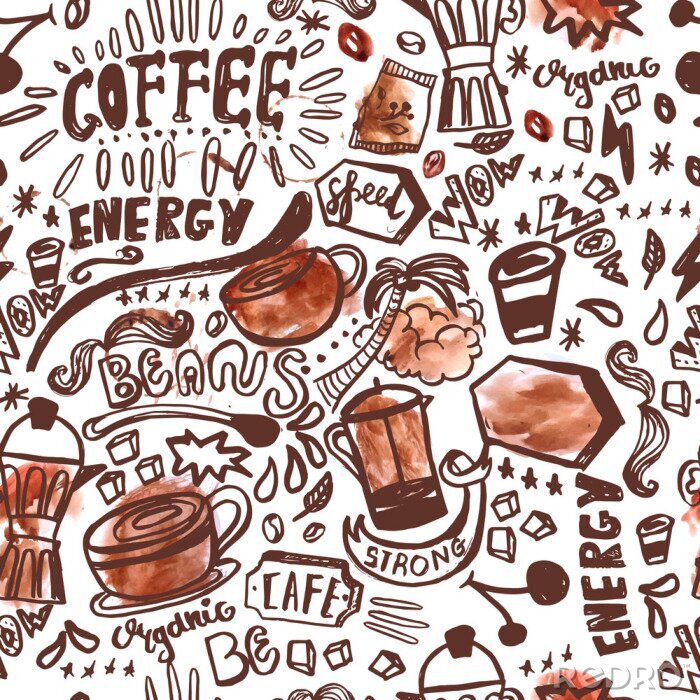 Behang naadloze inkt doodle koffie patroon op een witte achtergrond met waterverf vlekken, met de hand getekende vector illustratie