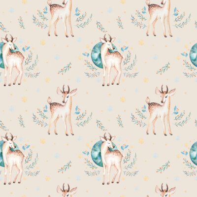 Behang Naadloze Kerstboom herten naadloos patroon. Hand getekende winter backgraund met herten, sneeuwvlokken. Kinderkleding dieren illustratie. Nieuwjaar ontwerp.