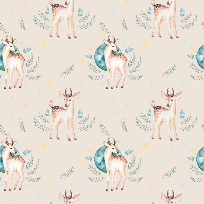 Behang Naadloze Kerstboom herten naadloos patroon. Hand getekende winter backgraund met herten, sneeuwvlokken. Kinderkleding dieren illustratie. Nieuwjaar ontwerp.