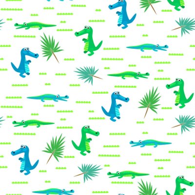 Behang Naadloze krokodil kid cartoon vector patroon. Blauwe en groene alligator achtergrond.
