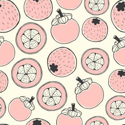 Behang Naadloze natuur patroon met schets van bessen. Roze vector achtergrond met mangosteen. Tropisch eten.