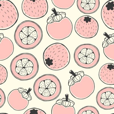 Behang Naadloze natuur patroon met schets van bessen. Roze vector achtergrond met mangosteen. Tropisch eten.
