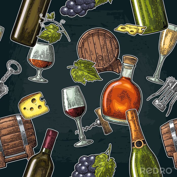 Behang Naadloze patroon dranken gemaakt van druiven. Wijn, brandewijn, champagne fles, glas