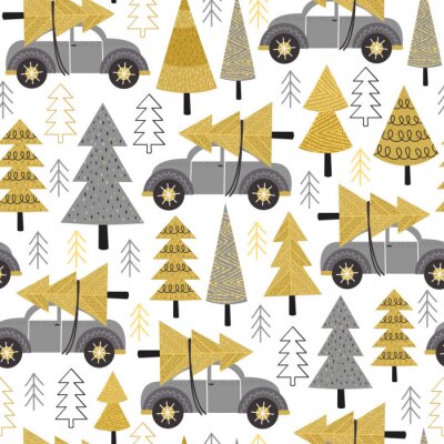 Behang naadloze patroon goud kerstbomen en auto - vector illustratie, eps