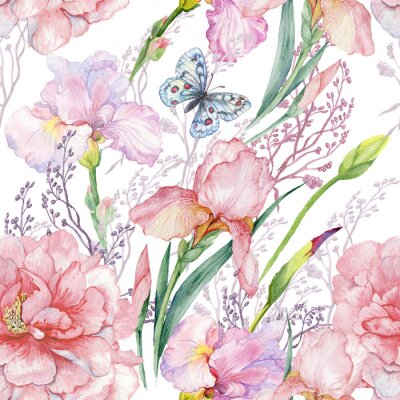 Behang naadloze patroon .irises peonies bloemen butterfly.exotic druk stof, Wallpaper.watercolor illustratie.